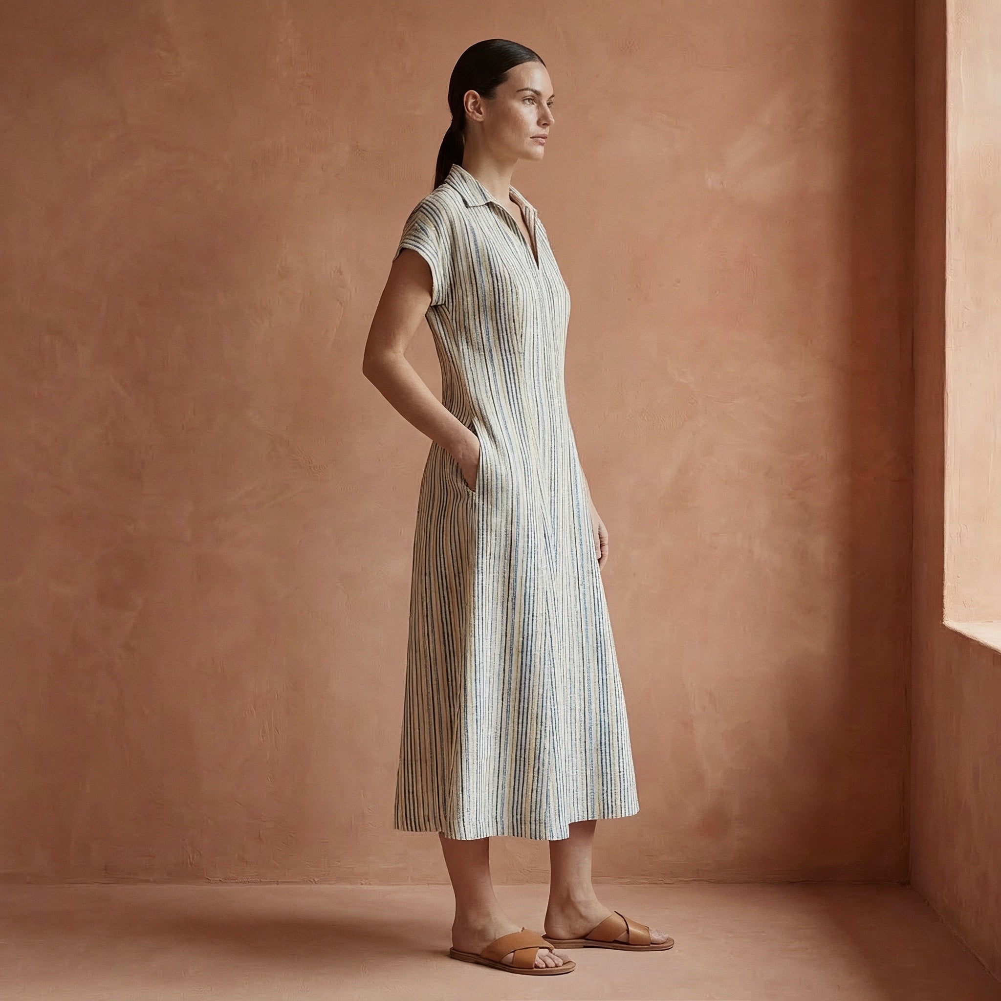 Pastel Stripes Handspun Cotton Paneled A-Line Midi Dress