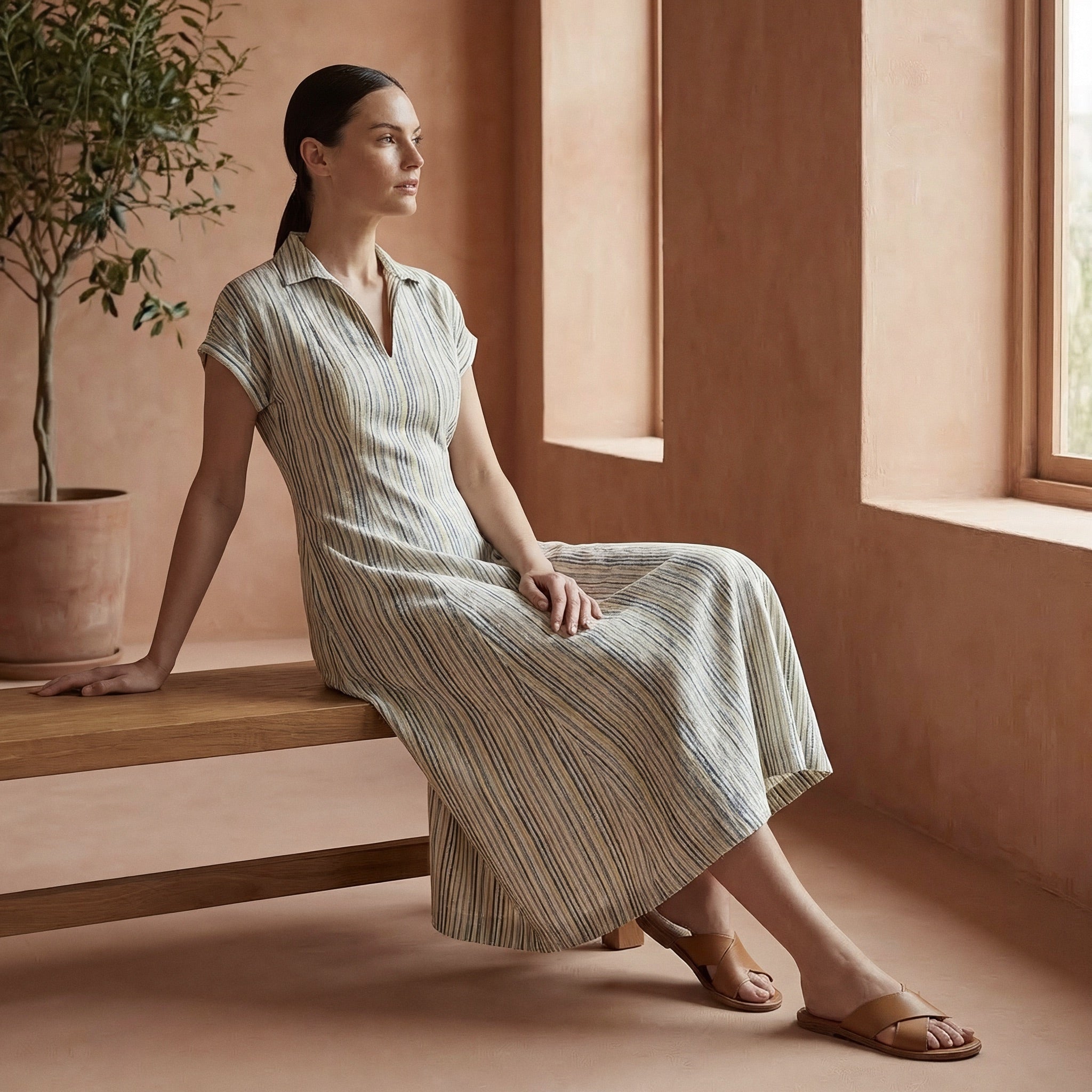 Pastel Stripes Handspun Cotton Paneled A-Line Midi Dress