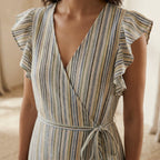 Pastel Stripes Handspun Cotton Ruffle Midi Wrap Dress