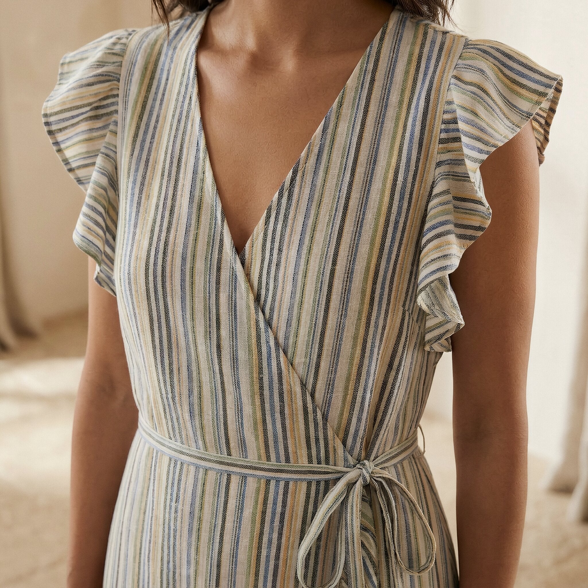 Pastel Stripes Handspun Cotton Ruffle Midi Wrap Dress
