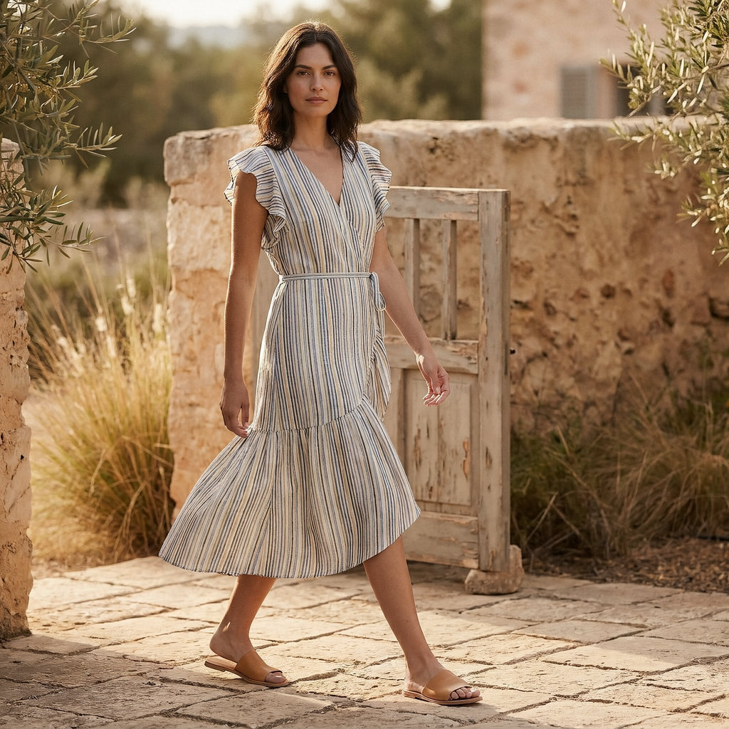 Pastel Stripes Handspun Cotton Ruffle Midi Wrap Dress