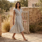 Pastel Stripes Handspun Cotton Ruffle Midi Wrap Dress