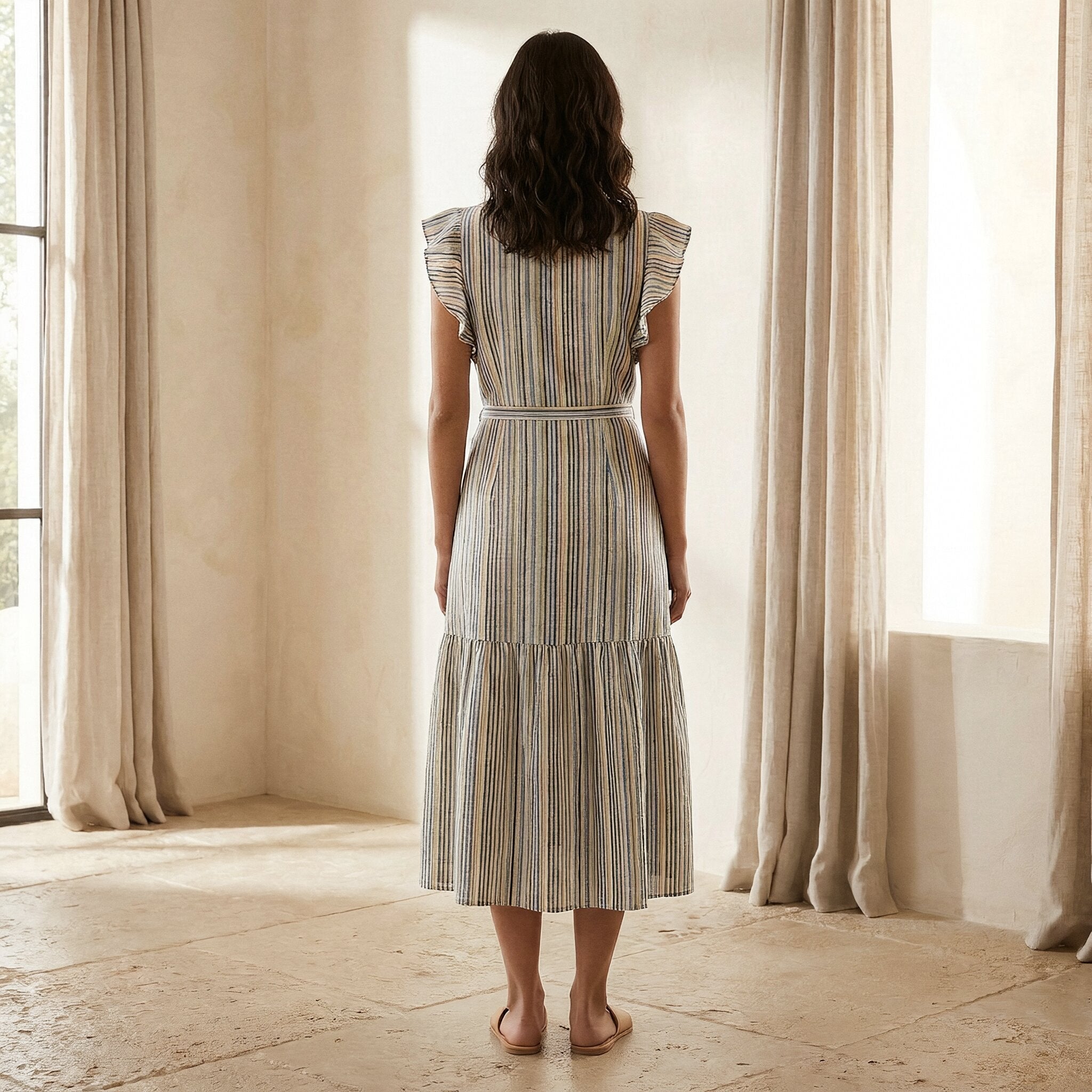 Pastel Stripes Handspun Cotton Ruffle Midi Wrap Dress