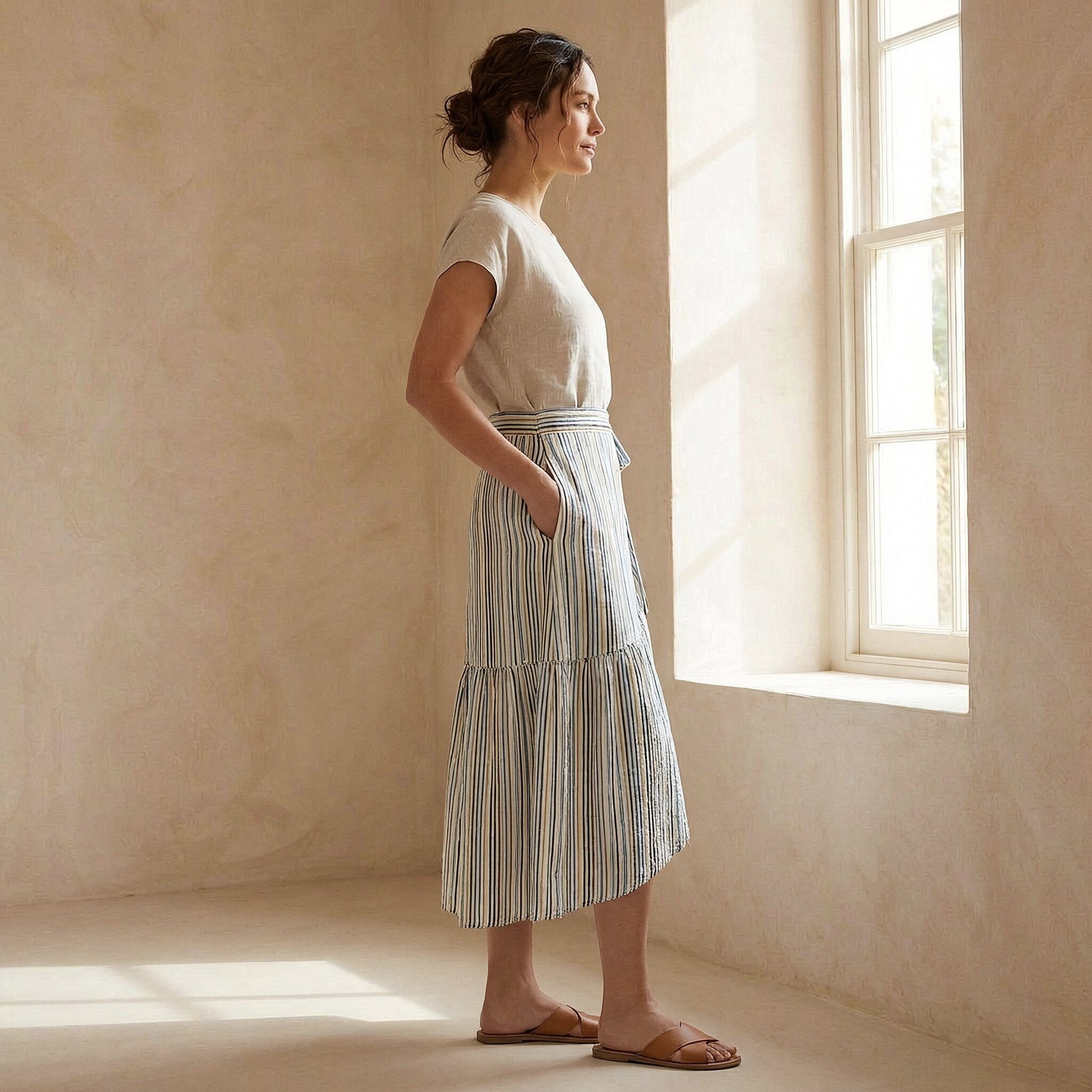 Pastel Stripes Handspun Cotton Ruffle Midi Wrap Skirt