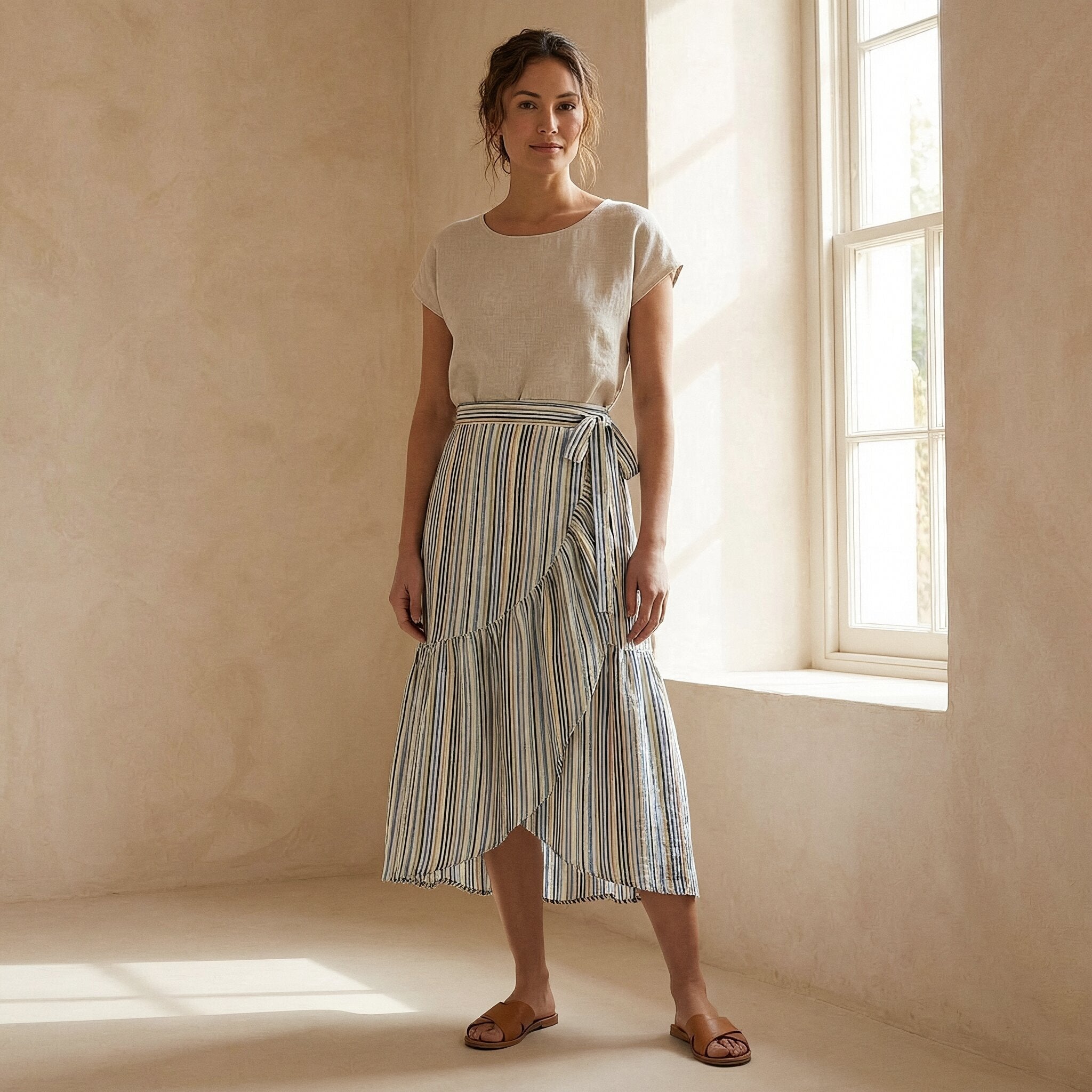 Pastel Stripes Handspun Cotton Ruffle Midi Wrap Skirt