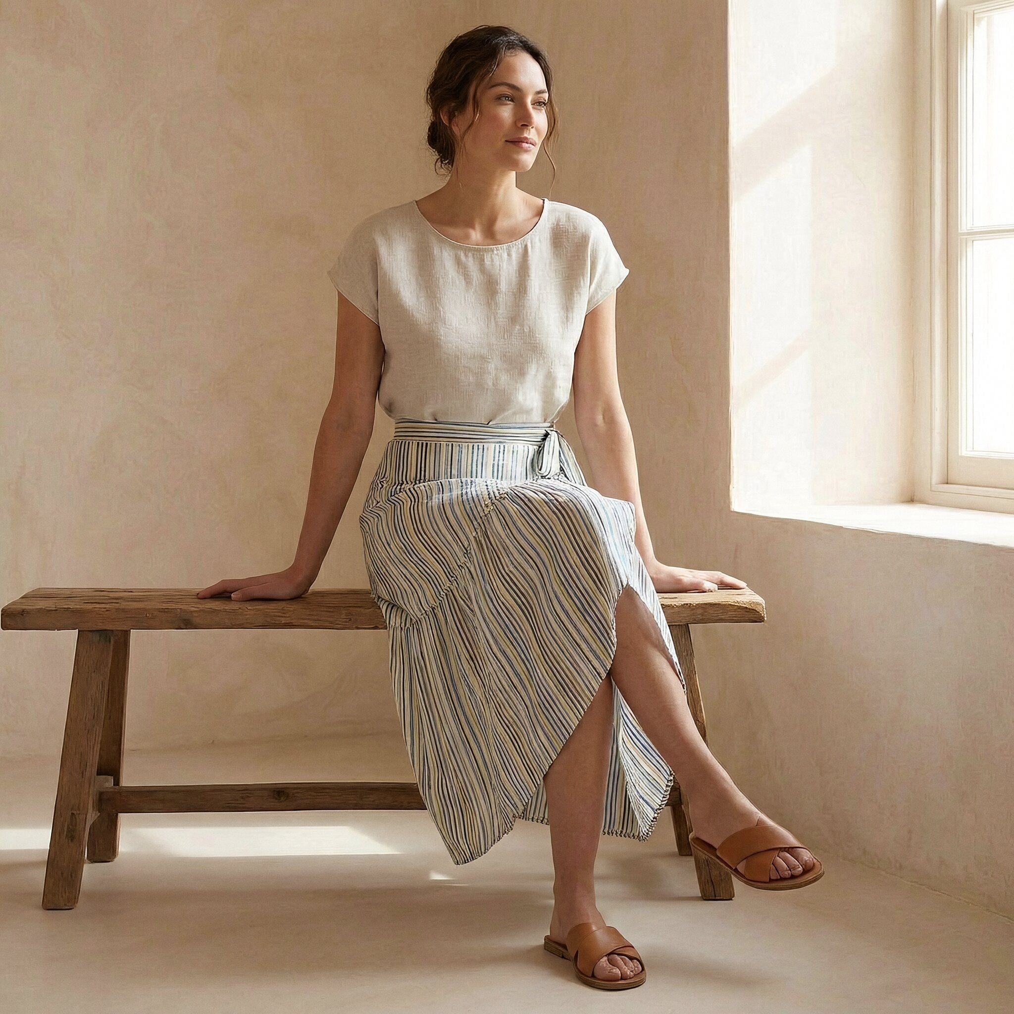 Pastel Stripes Handspun Cotton Ruffle Midi Wrap Skirt
