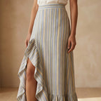 Pastel Stripes Handspun Cotton Ruffle-Slit A-Line Maxi Skirt