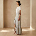 Pastel Stripes Handspun Cotton Ruffle-Slit A-Line Maxi Skirt