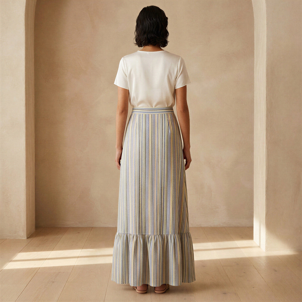 Pastel Stripes Handspun Cotton Ruffle-Slit A-Line Maxi Skirt