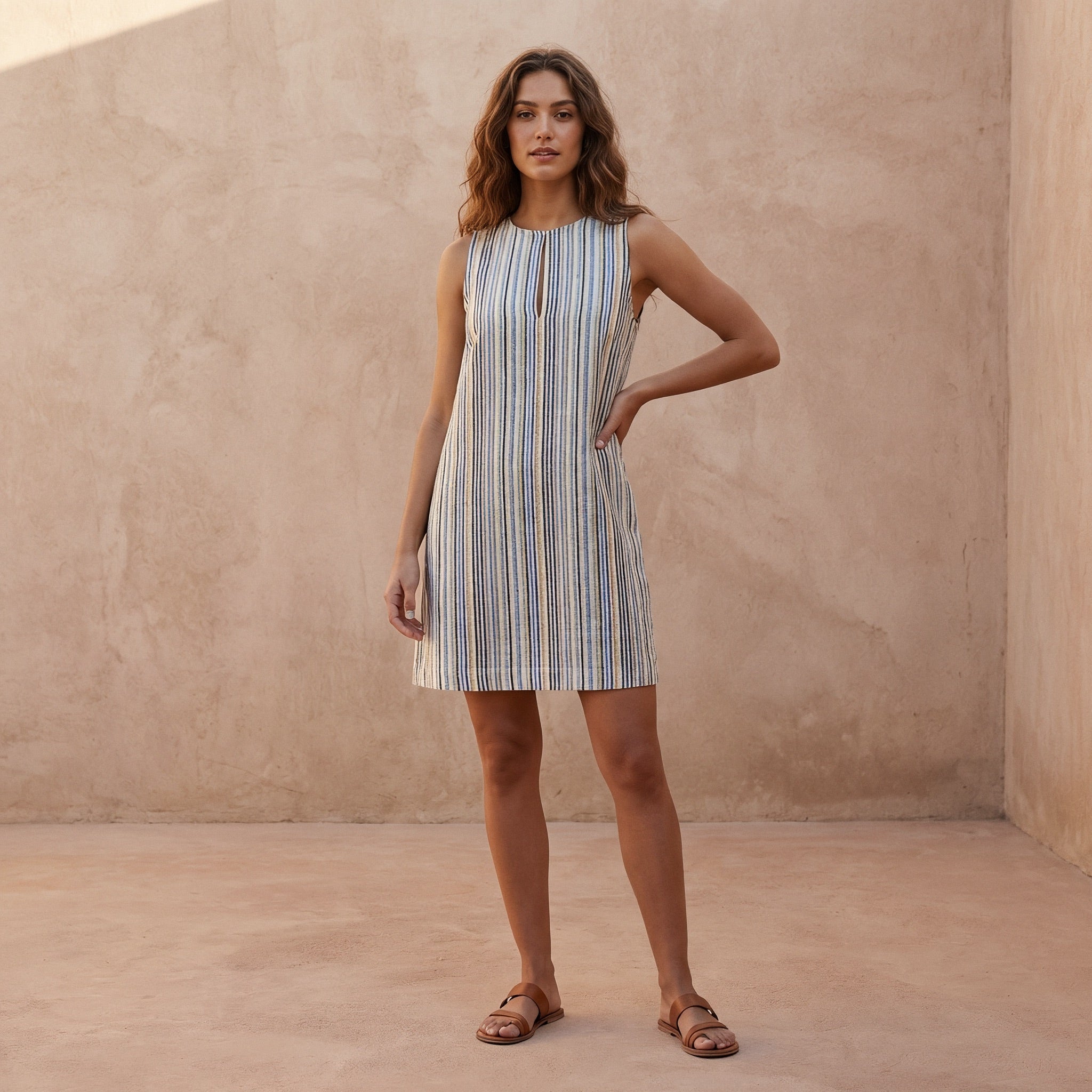Pastel Stripes Handspun Cotton Sleeveless A-Line Short Shift Dress