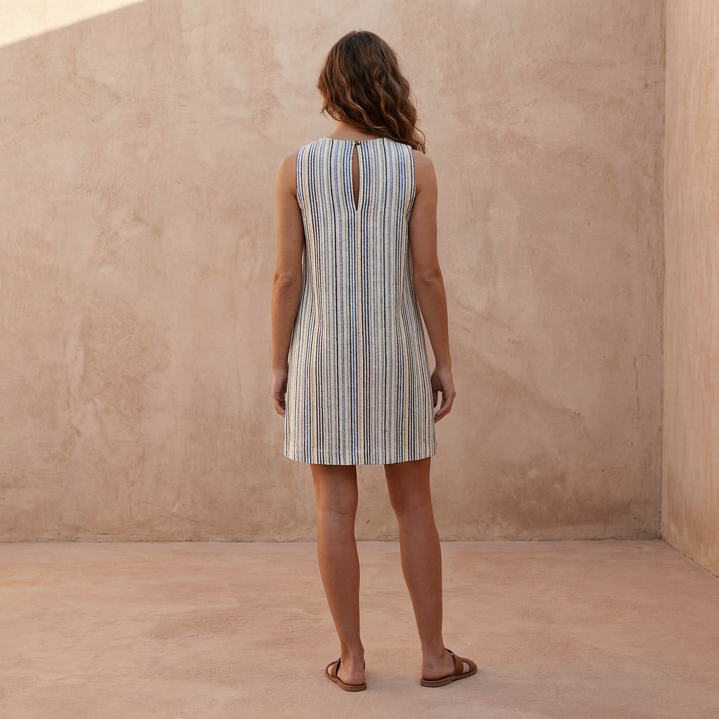 Pastel Stripes Handspun Cotton Sleeveless A-Line Short Shift Dress