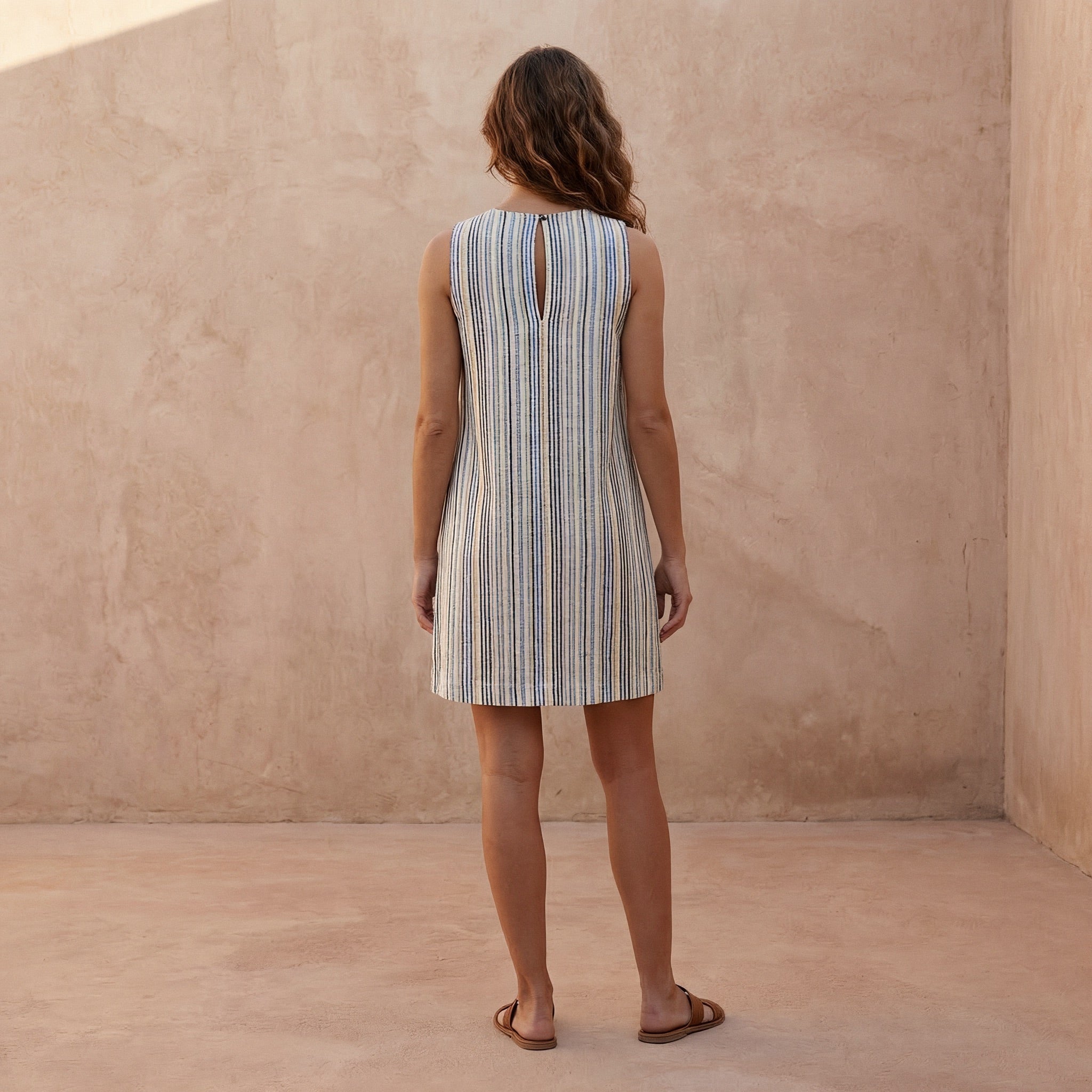 Pastel Stripes Handspun Cotton Sleeveless A-Line Short Shift Dress