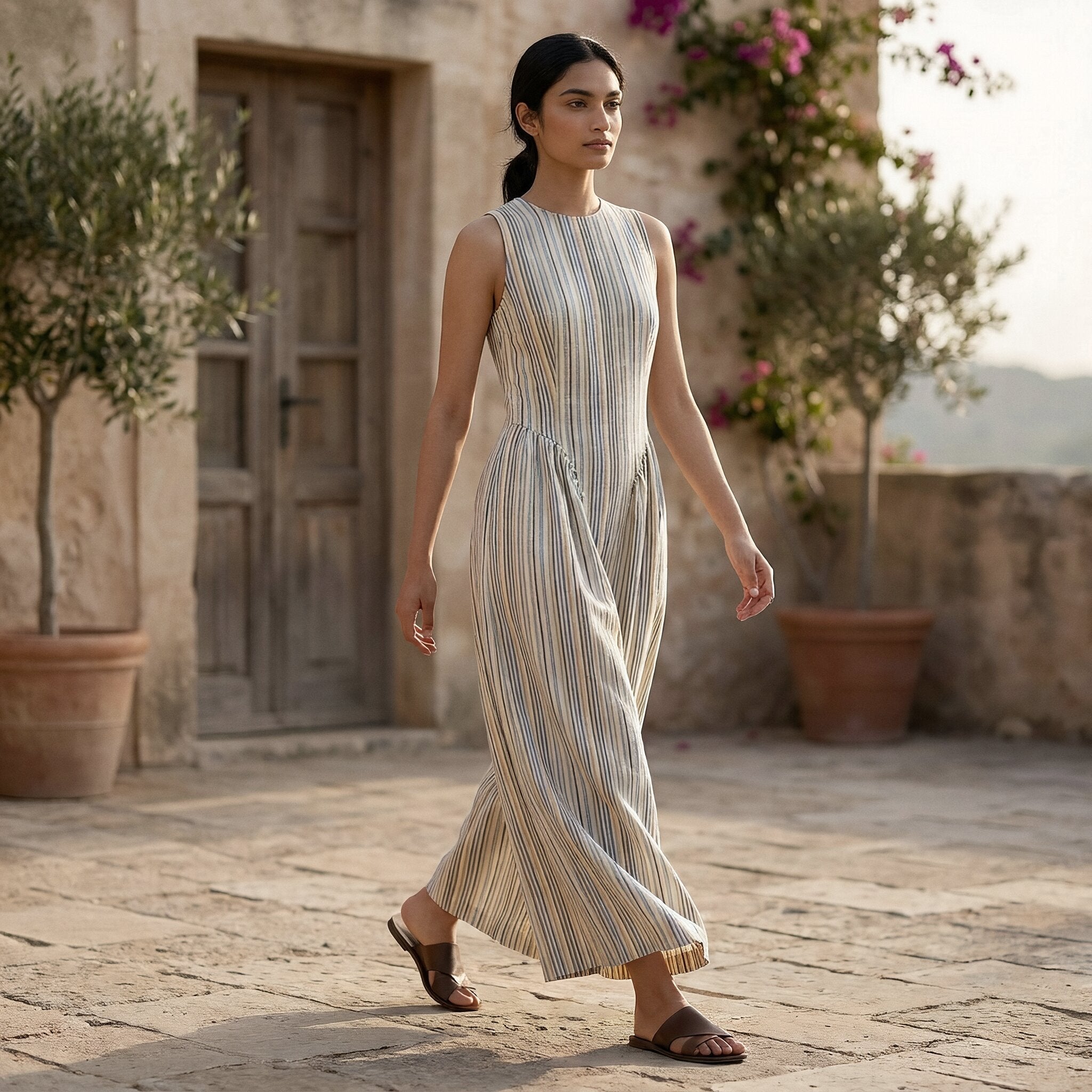 Pastel Stripes Handspun Cotton Sleeveless Paneled Maxi Dress