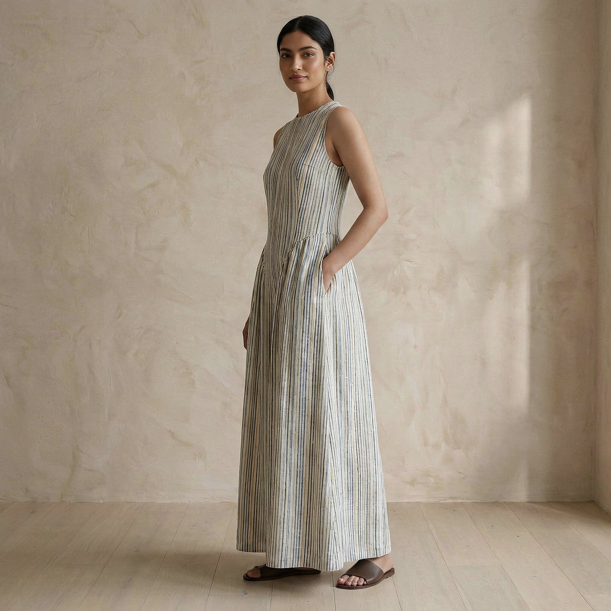 Pastel Stripes Handspun Cotton Sleeveless Paneled Maxi Dress