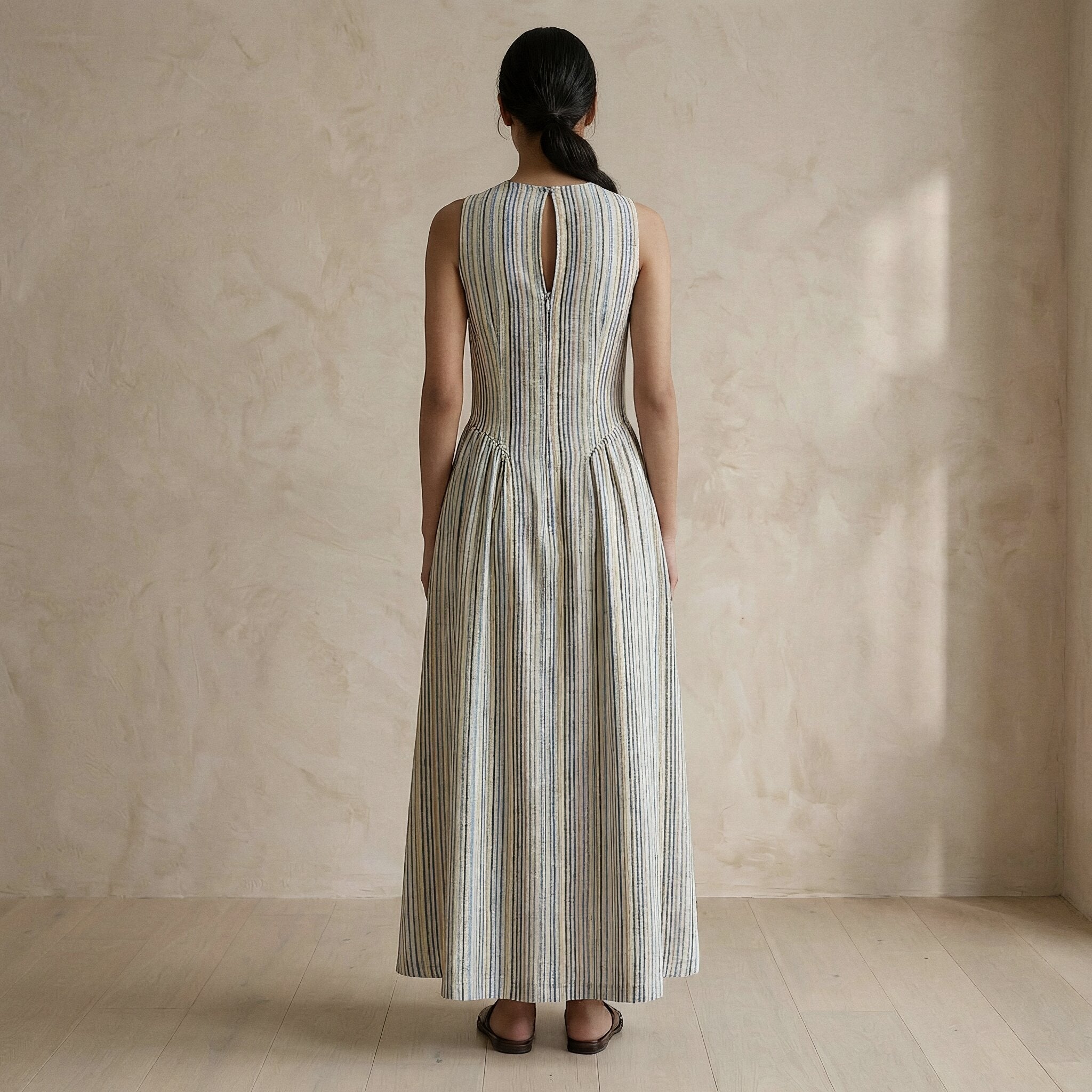 Pastel Stripes Handspun Cotton Sleeveless Paneled Maxi Dress
