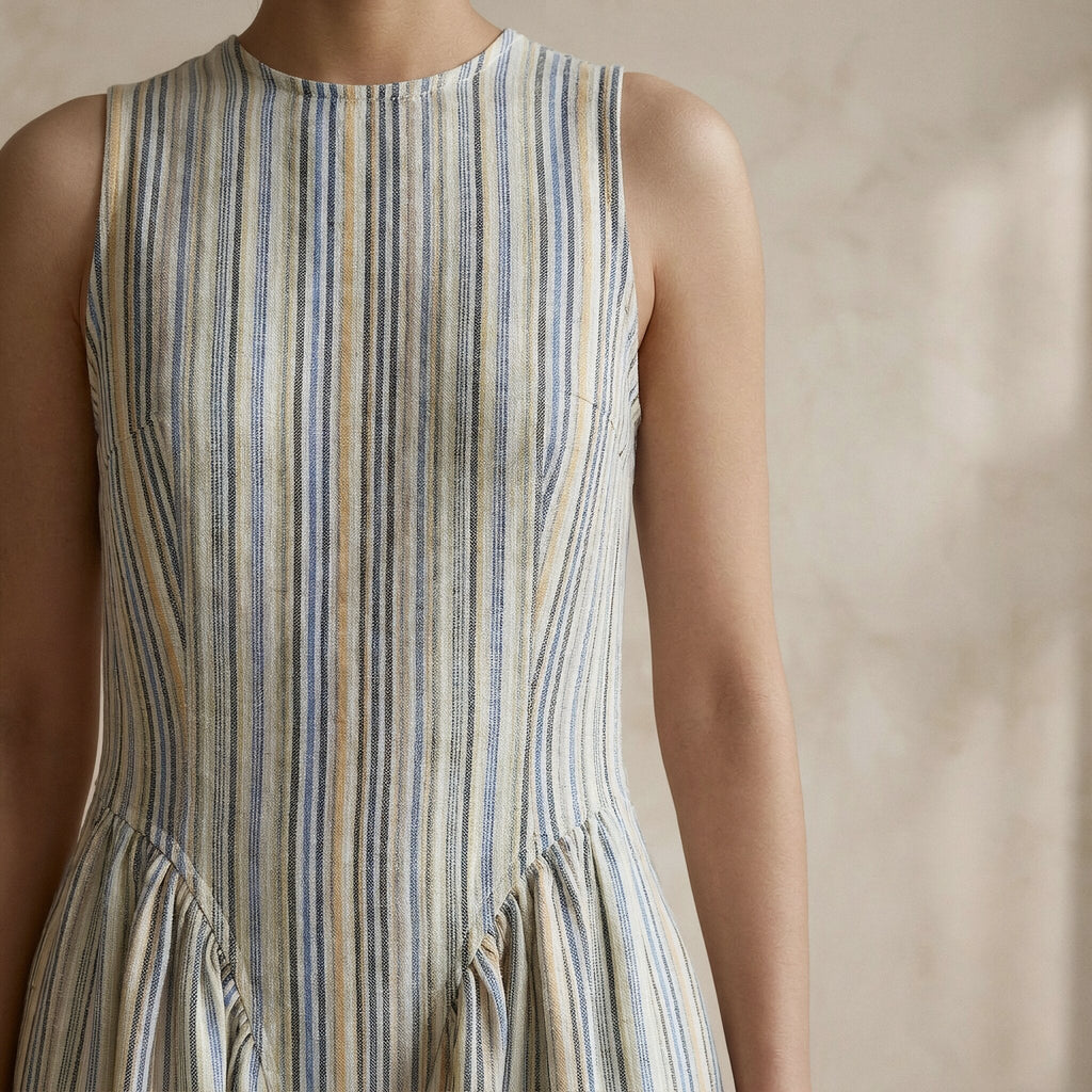 Pastel Stripes Handspun Cotton Sleeveless Paneled Maxi Dress