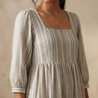 Pastel Stripes Handspun Cotton Square Neck Tiered Midi Dress