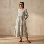 Pastel Stripes Handspun Cotton Square Neck Tiered Midi Dress