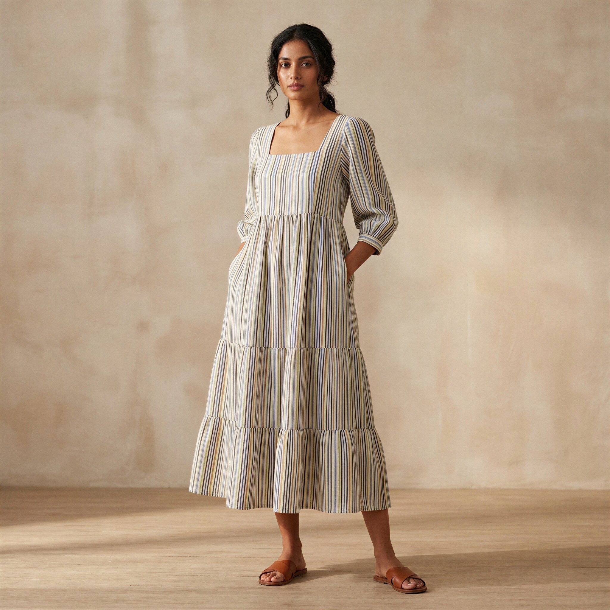 Pastel Stripes Handspun Cotton Square Neck Tiered Midi Dress
