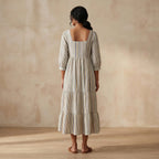 Pastel Stripes Handspun Cotton Square Neck Tiered Midi Dress
