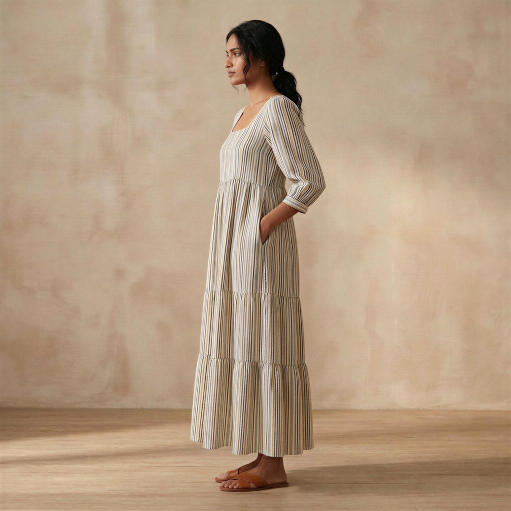 Pastel Stripes Handspun Cotton Square Neck Tiered Midi Dress