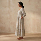 Pastel Stripes Handspun Cotton Square Neck Tiered Midi Dress