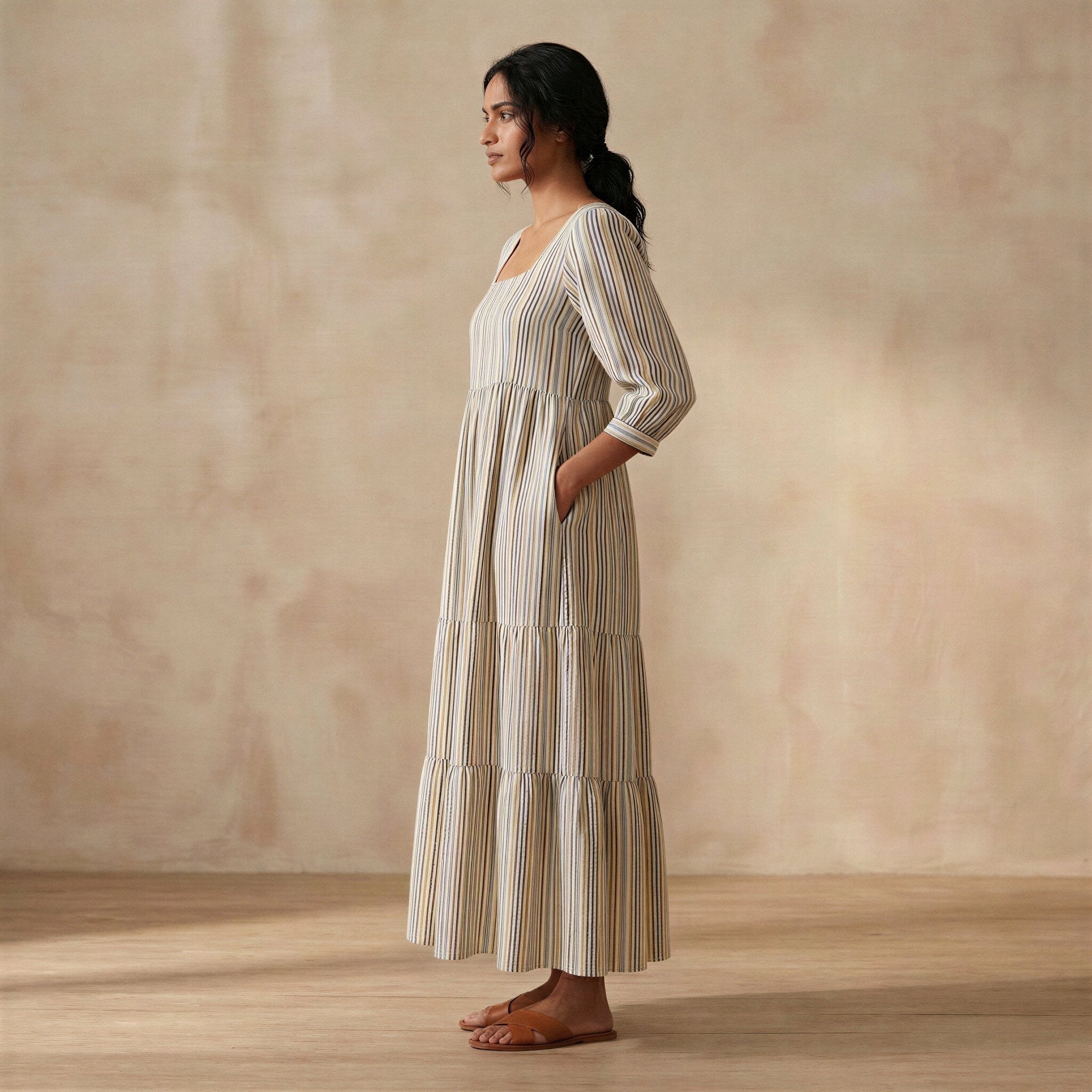 Pastel Stripes Handspun Cotton Square Neck Tiered Midi Dress
