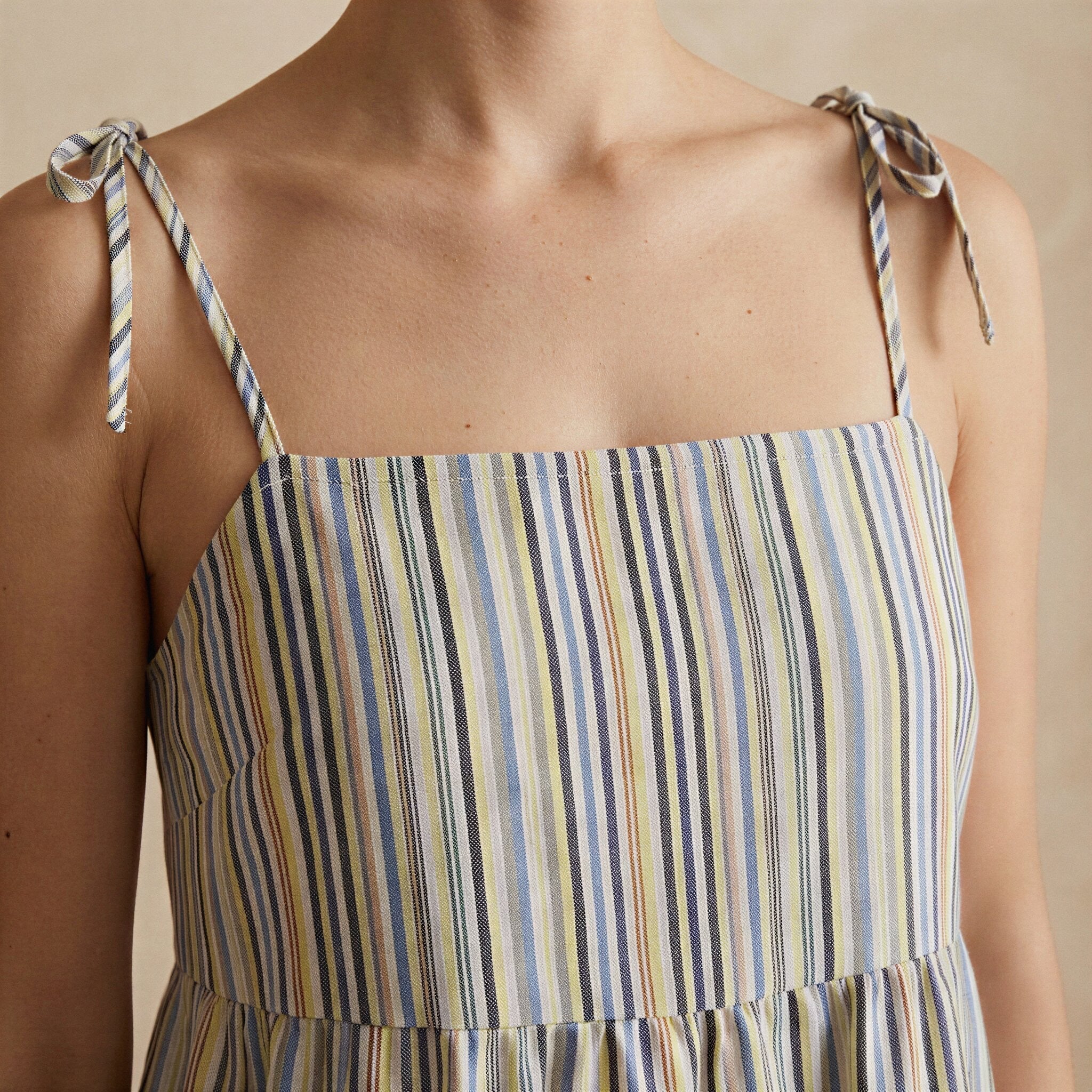 Pastel Stripes Handspun Cotton Tie-Strap Tiered Short Sundress