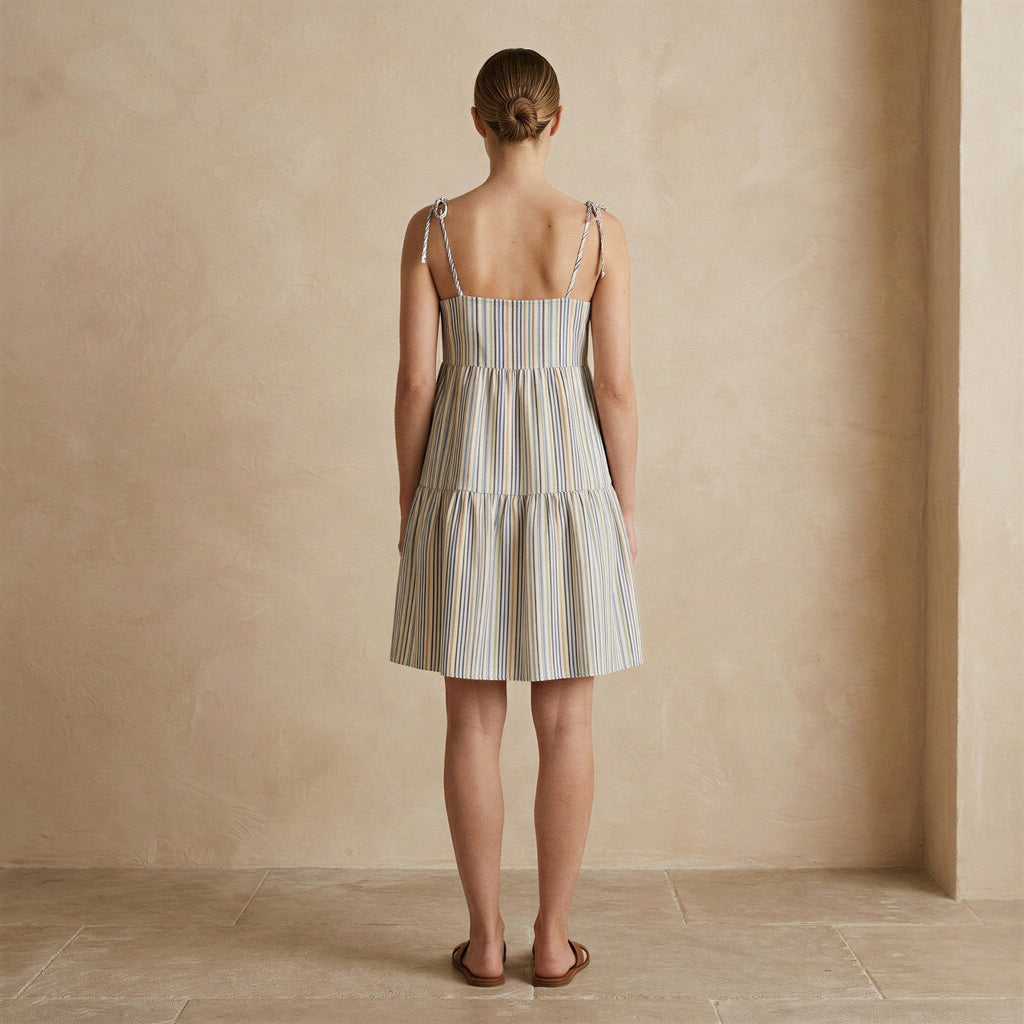 Pastel Stripes Handspun Cotton Tie-Strap Tiered Short Sundress