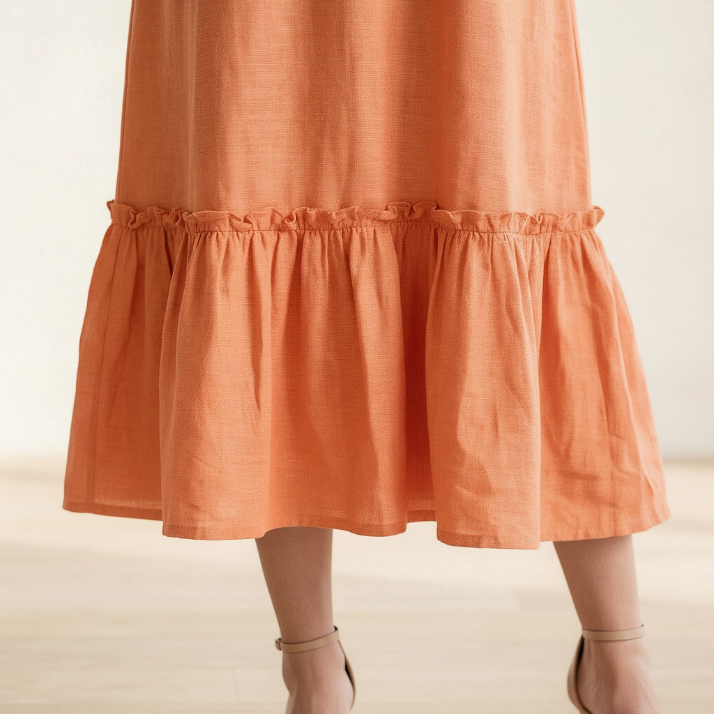 Peach Cotton Flax A-Line V-Neck Sleeveless Maxi Tier Dress