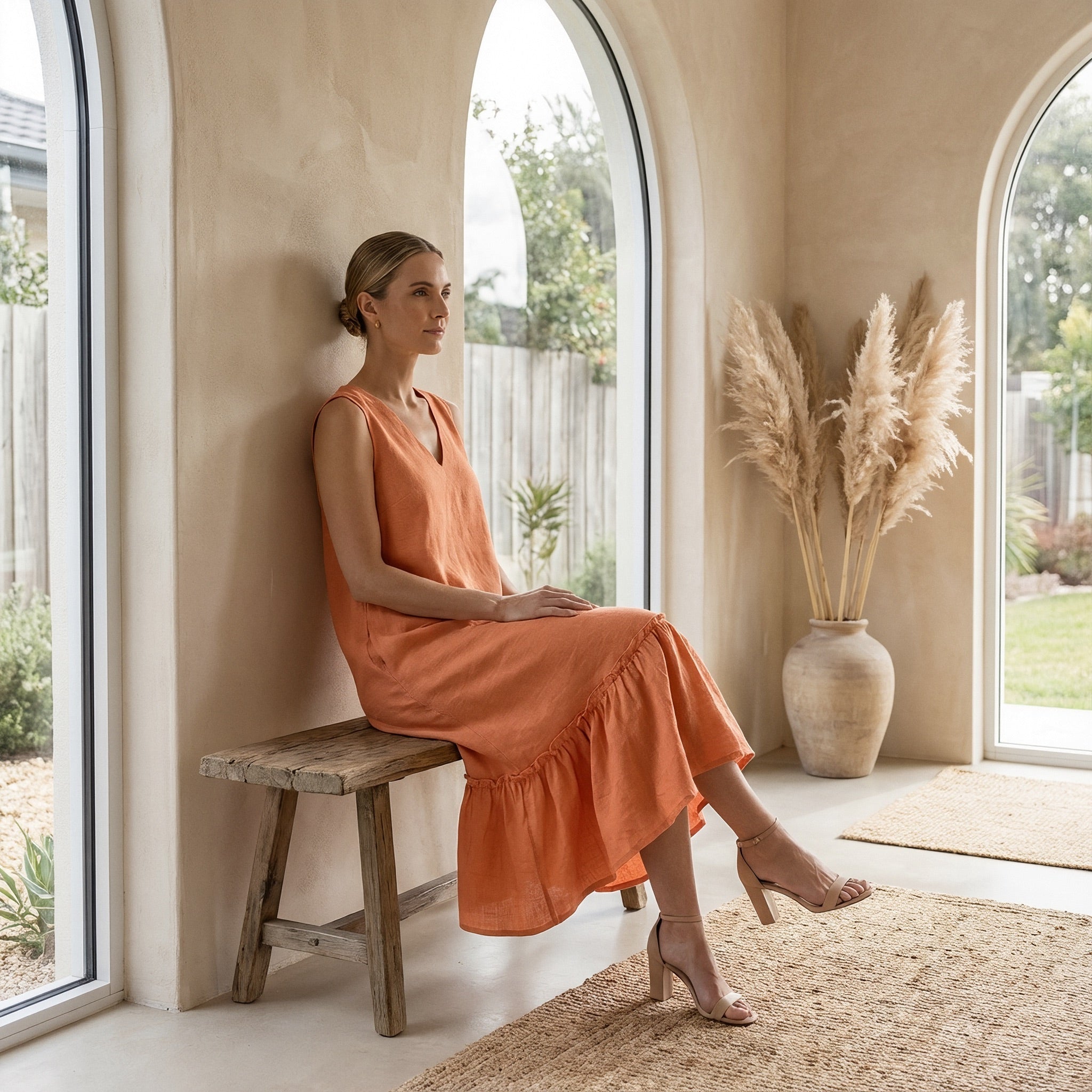 Peach Cotton Flax A-Line V-Neck Sleeveless Maxi Tier Dress