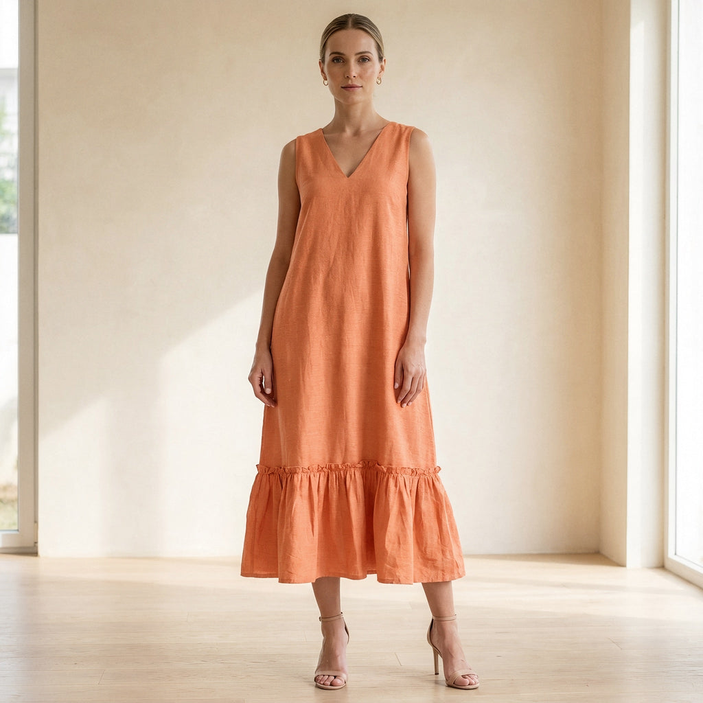 Peach Cotton Flax A-Line V-Neck Sleeveless Maxi Tier Dress