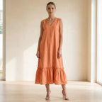 Peach Cotton Flax A-Line V-Neck Sleeveless Maxi Tier Dress