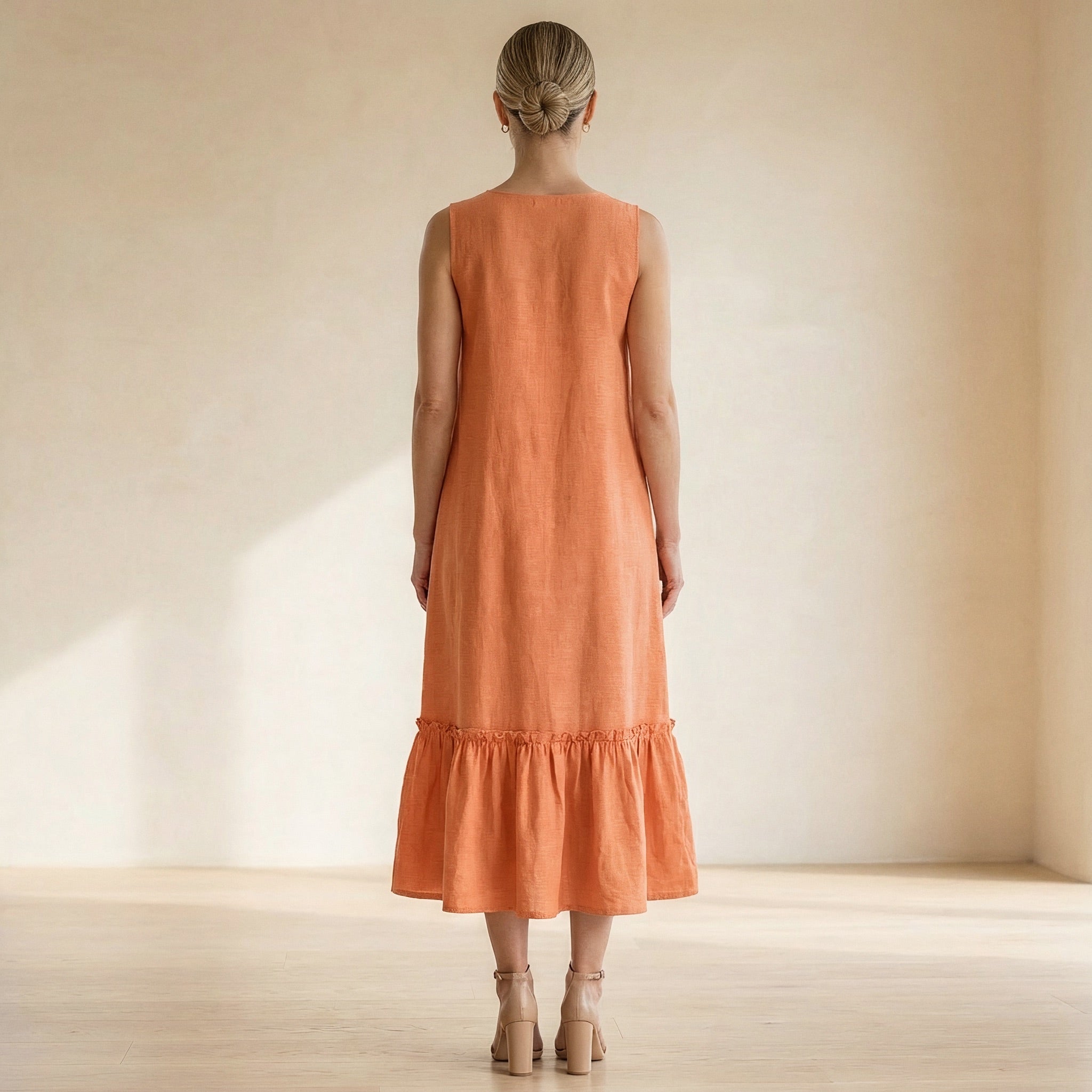 Peach Cotton Flax A-Line V-Neck Sleeveless Maxi Tier Dress