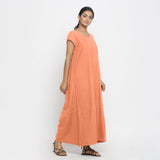 Right View of a Model wearing Peach Cotton Flax A-Line Paneled Dress