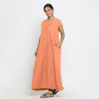 Front View of a Model wearing Peach Cotton Flax A-Line Paneled Dress