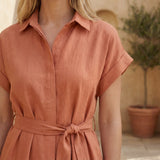 Peach Cotton Flax A-Line Short Dress with Belt