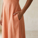 Peach Cotton Flax Ankle Length Flared Sundress