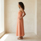 Peach Cotton Flax Ankle Length Flared Sundress