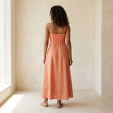 Peach Cotton Flax Ankle Length Flared Sundress
