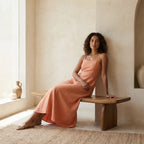 Peach Cotton Flax Ankle Length Flared Sundress