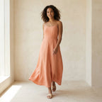 Peach Cotton Flax Ankle Length Flared Sundress