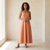 Peach Cotton Flax Ankle Length Flared Sundress