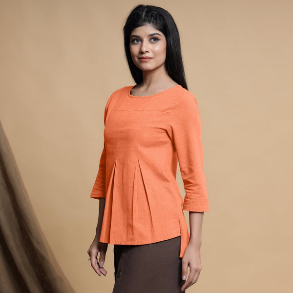 Peach Cotton Flax Box-Pleated High Low Top