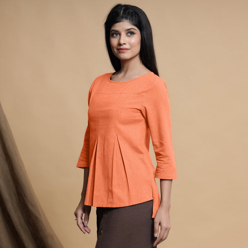 Peach Cotton Flax Box-Pleated High Low Top