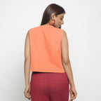 Back View of a Model wearing Peach Cotton Flax Button-Down Shirt