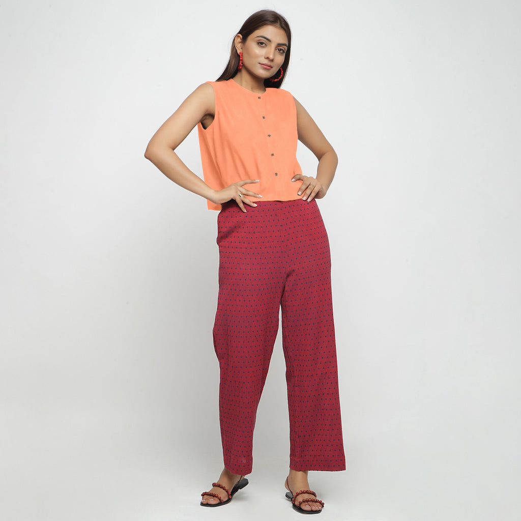 Front View of a Model wearing Peach Cotton Flax Button-Down Shirt