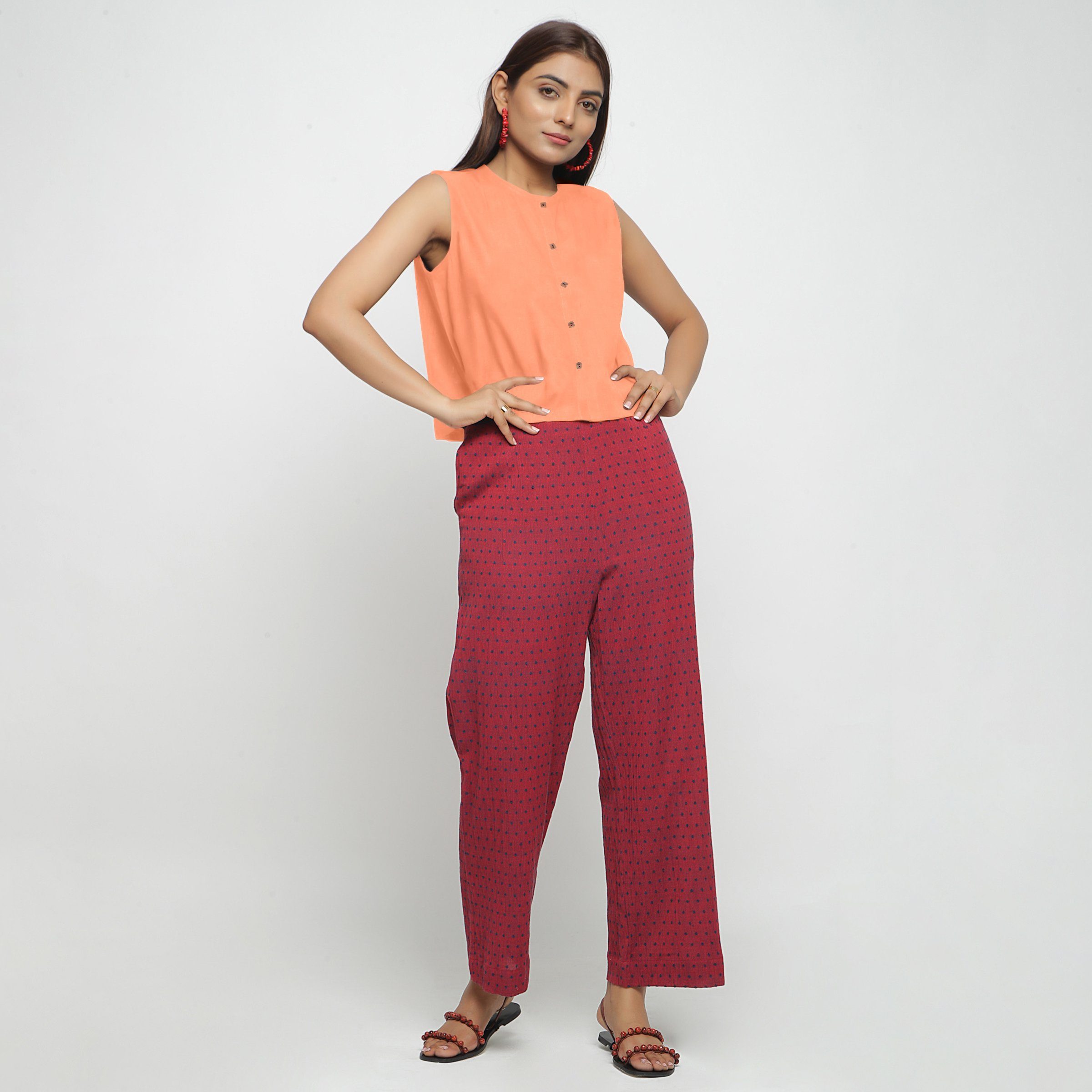 Front View of a Model wearing Peach Cotton Flax Button-Down Shirt