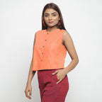 Left View of a Model wearing Peach Cotton Flax Button-Down Shirt