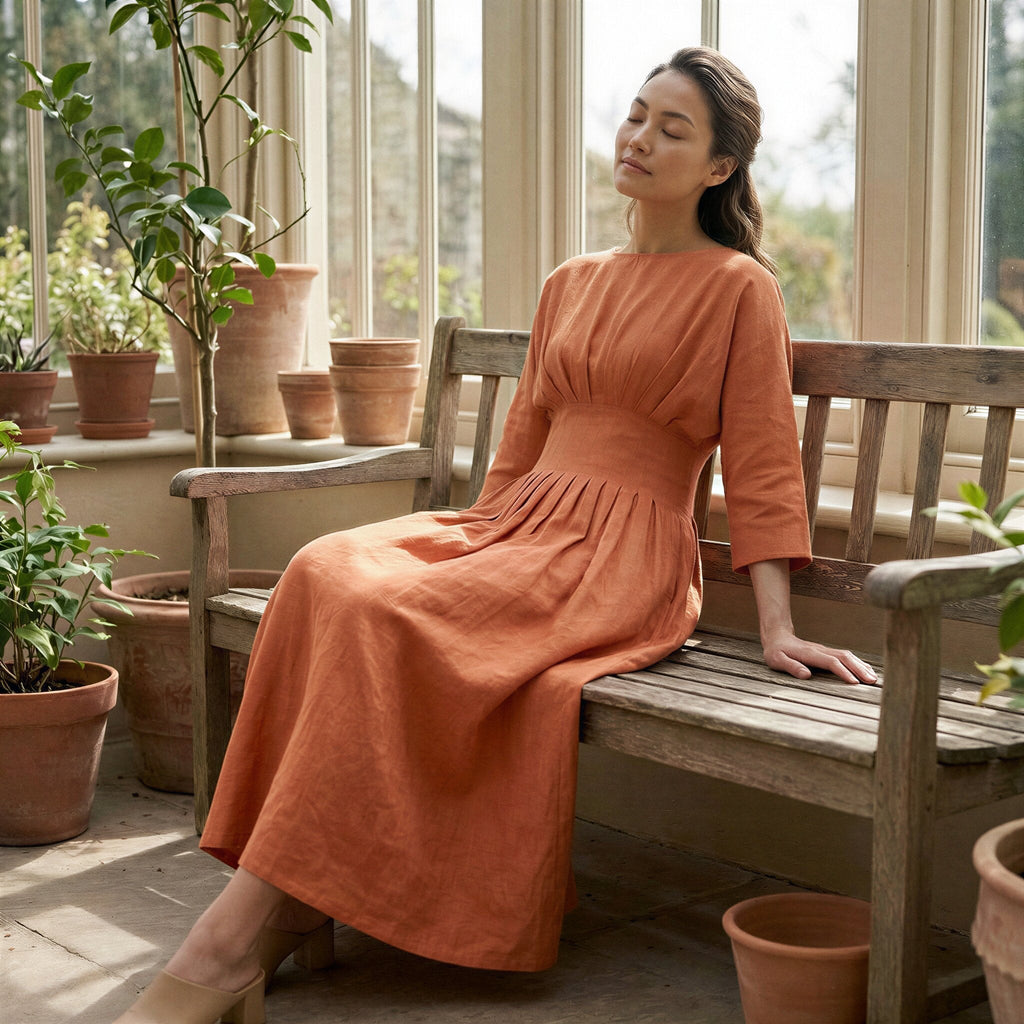 Peach Cotton Flax Cinched Waist Flared Maxi Dress
